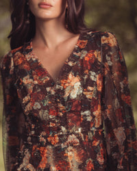 Mac Duggal #8509 chocolate multi floral print close up