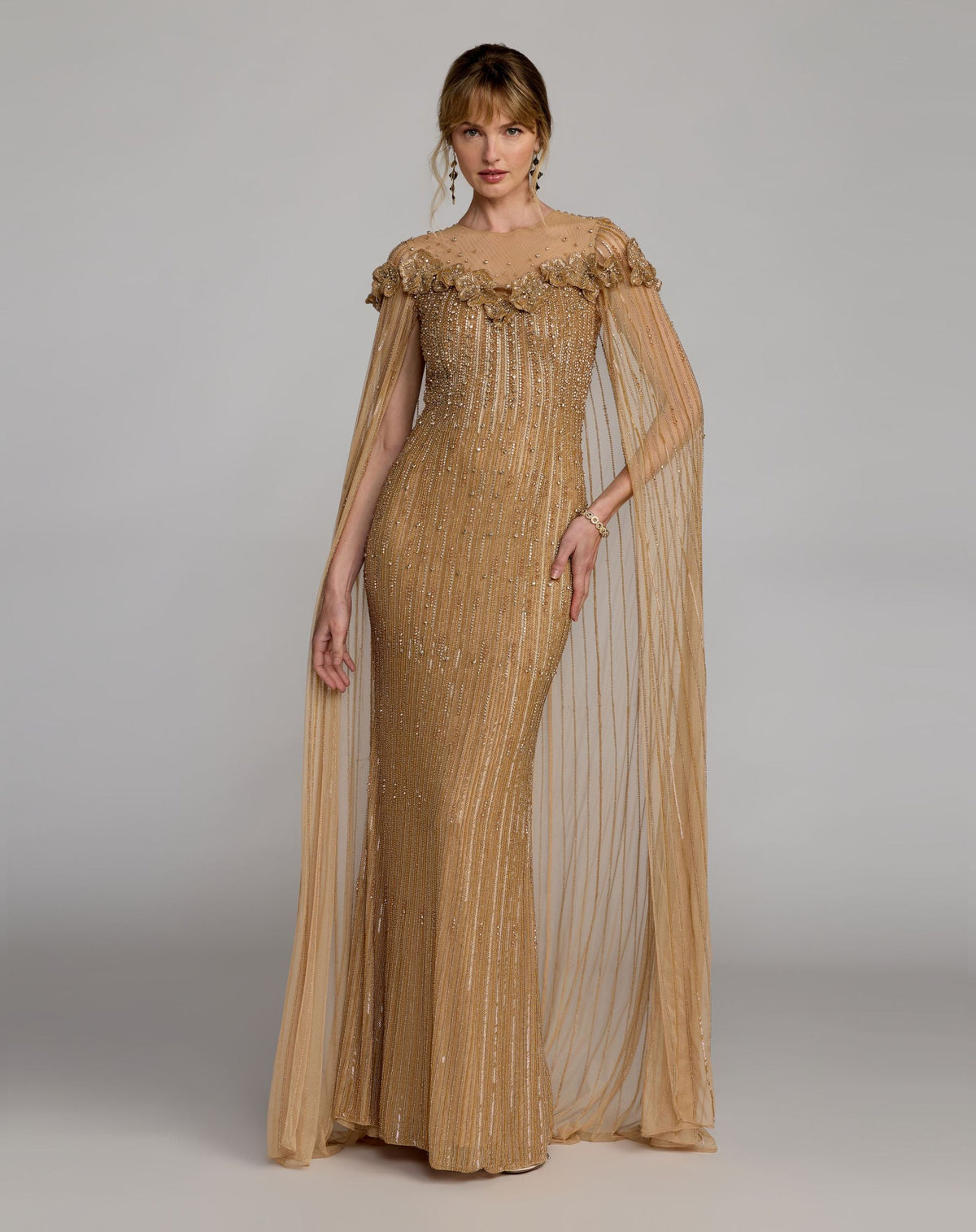Mac Duggal Gold Hand Beaded Floral Gown With Cape #86012 Nude Gold