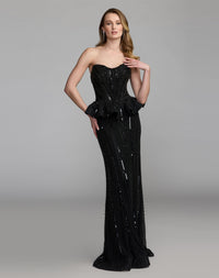 Mac Duggal #86018 black strapless embellished peplum gown