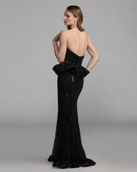 Mac Duggal #86018 black embellished peplum gown back view with train