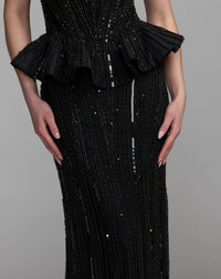 Mac Duggal #86018 black gown peplum waist detail