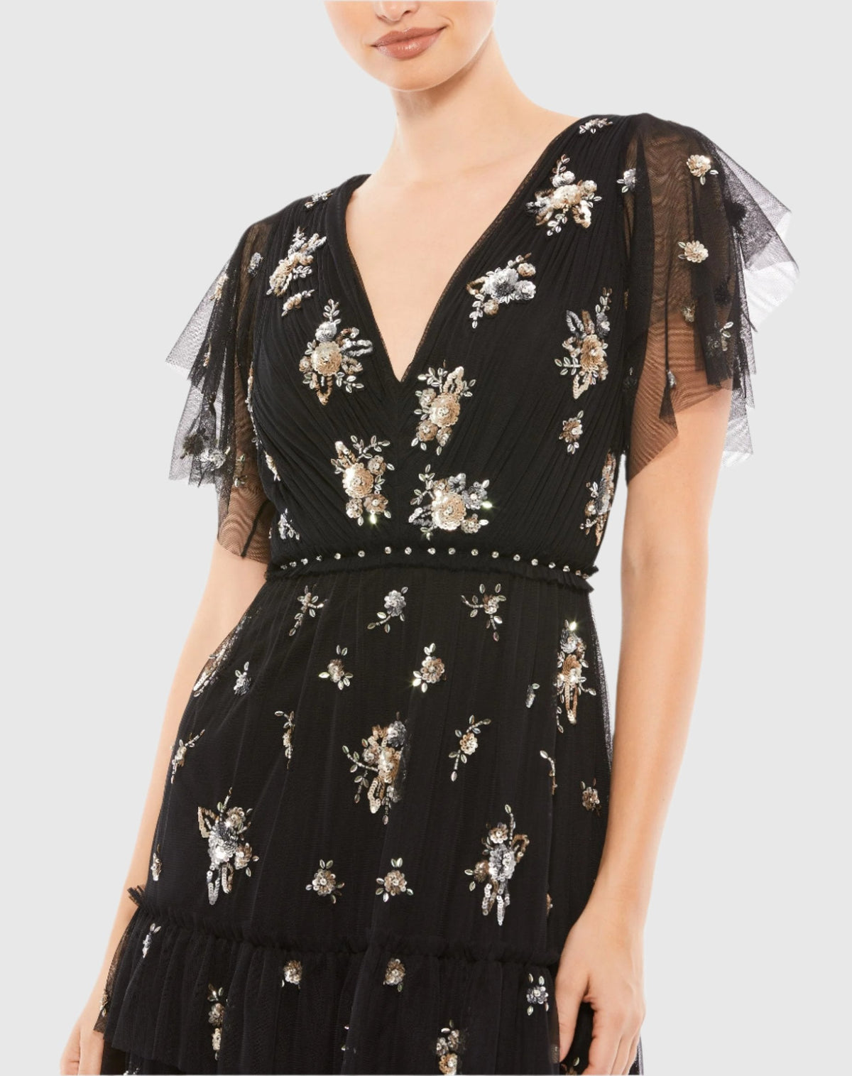 Ruffle Tiered Embellished Flutter Sleeve Gown - Black