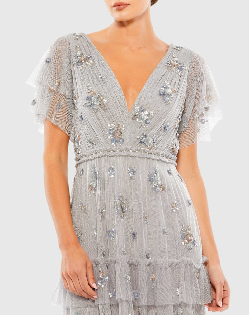 Ruffle Tiered Embellished Flutter Sleeve Gown - Black