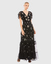 Ruffle Tiered Embellished Flutter Sleeve Gown - Black