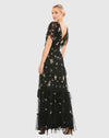 Ruffle Tiered Embellished Flutter Sleeve Gown - Black