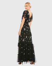 Ruffle Tiered Embellished Flutter Sleeve Gown - Black