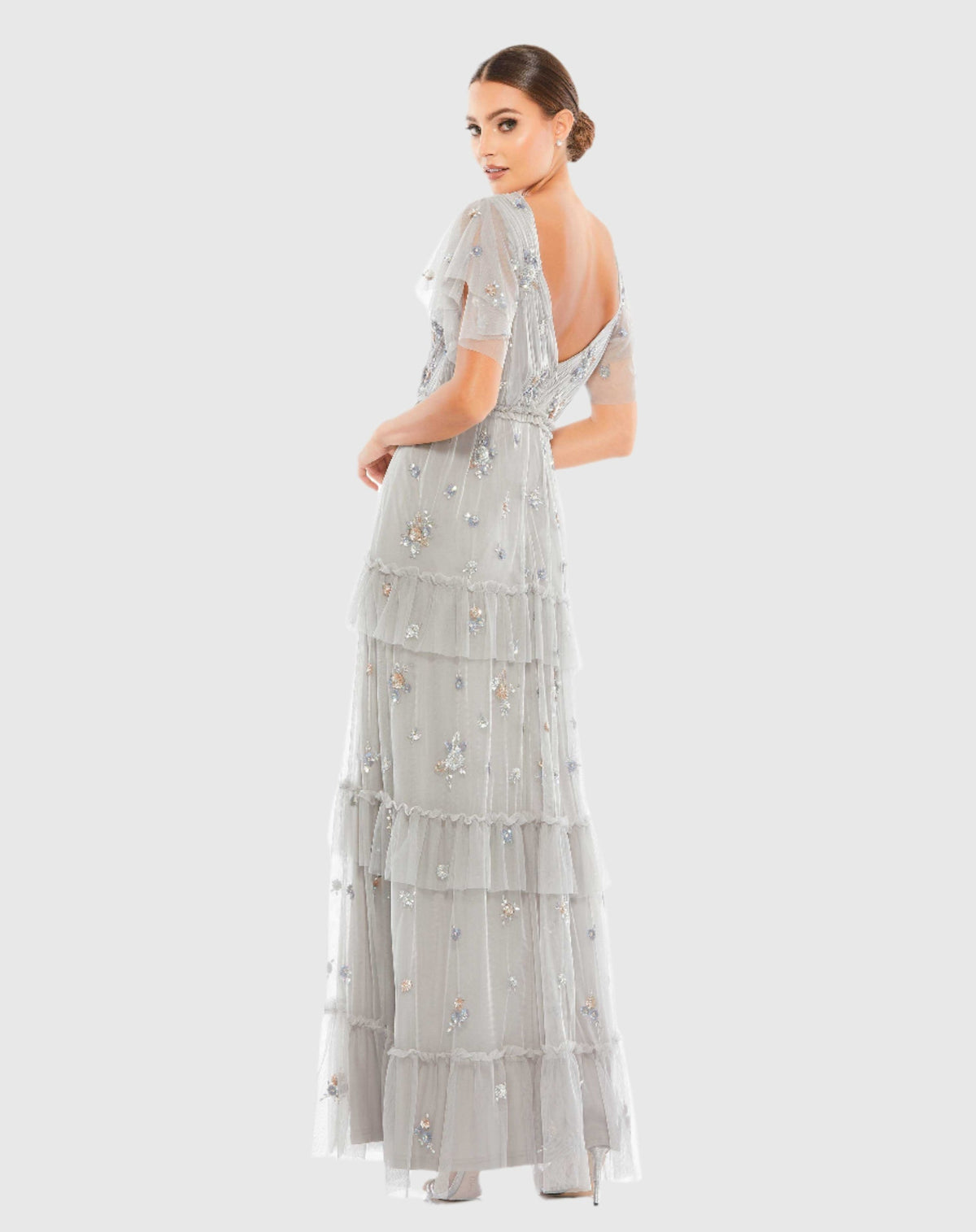 Ruffle Tiered Embellished Flutter Sleeve Gown - Platinum