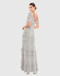 Ruffle Tiered Embellished Flutter Sleeve Gown - Black
