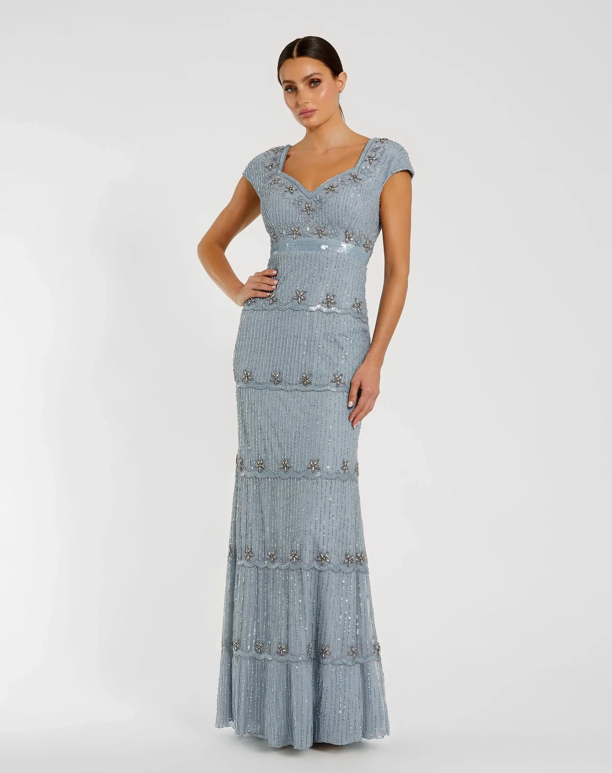 Mac Duggal #9089 Cap Sleeve Sweetheart Neckline Beaded Column Gown Powder Blue