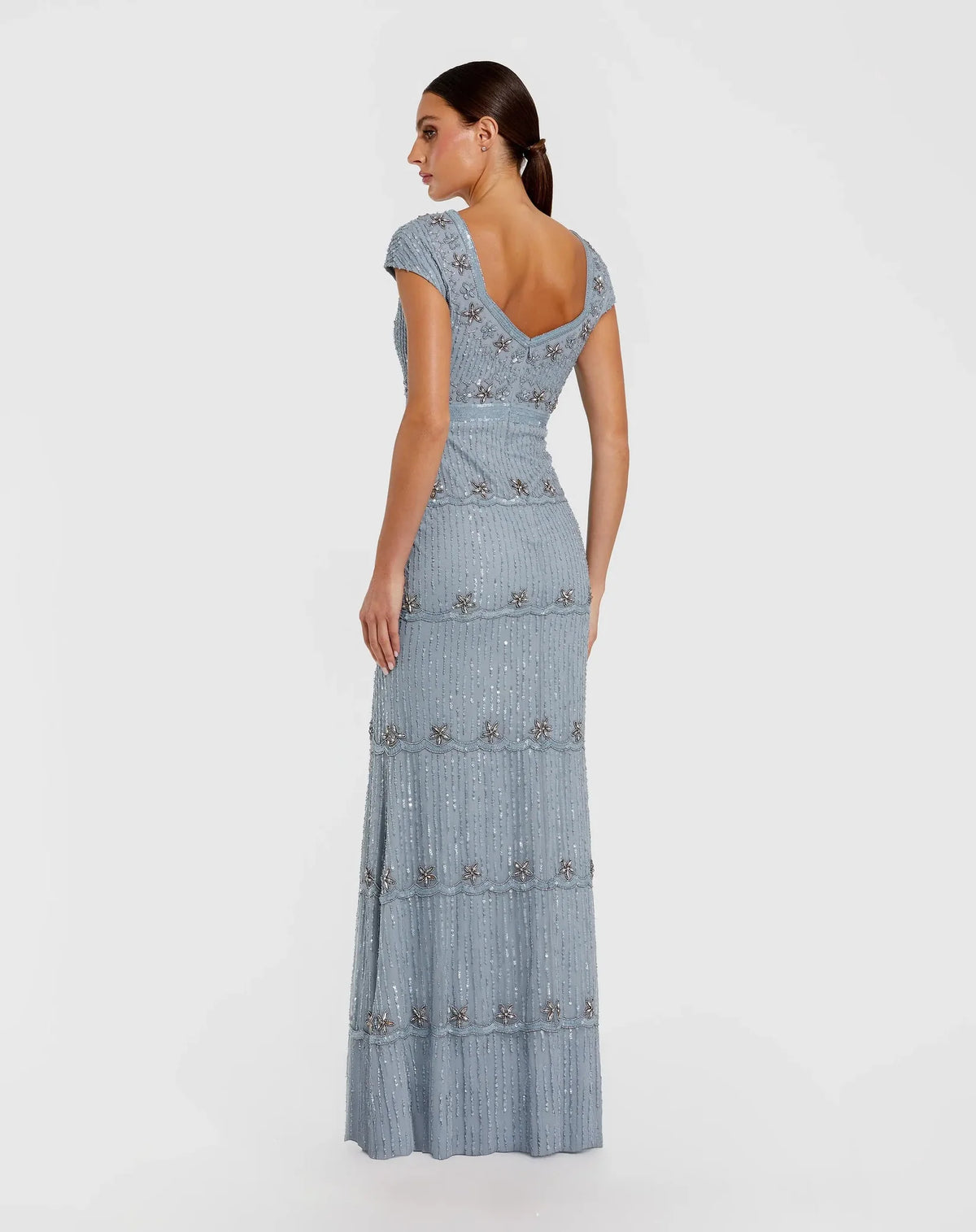 Mac Duggal #9089 Cap Sleeve Sweetheart Neckline Beaded Column Gown Powder Blue