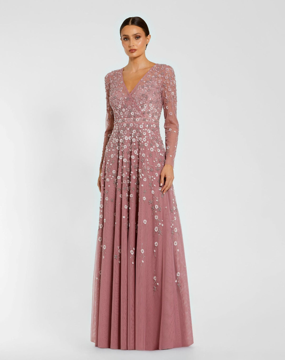 Mac Duggal Twilight Embellished Wrap Over Illusion Long Sleeve A Line Gown Berry #9131 