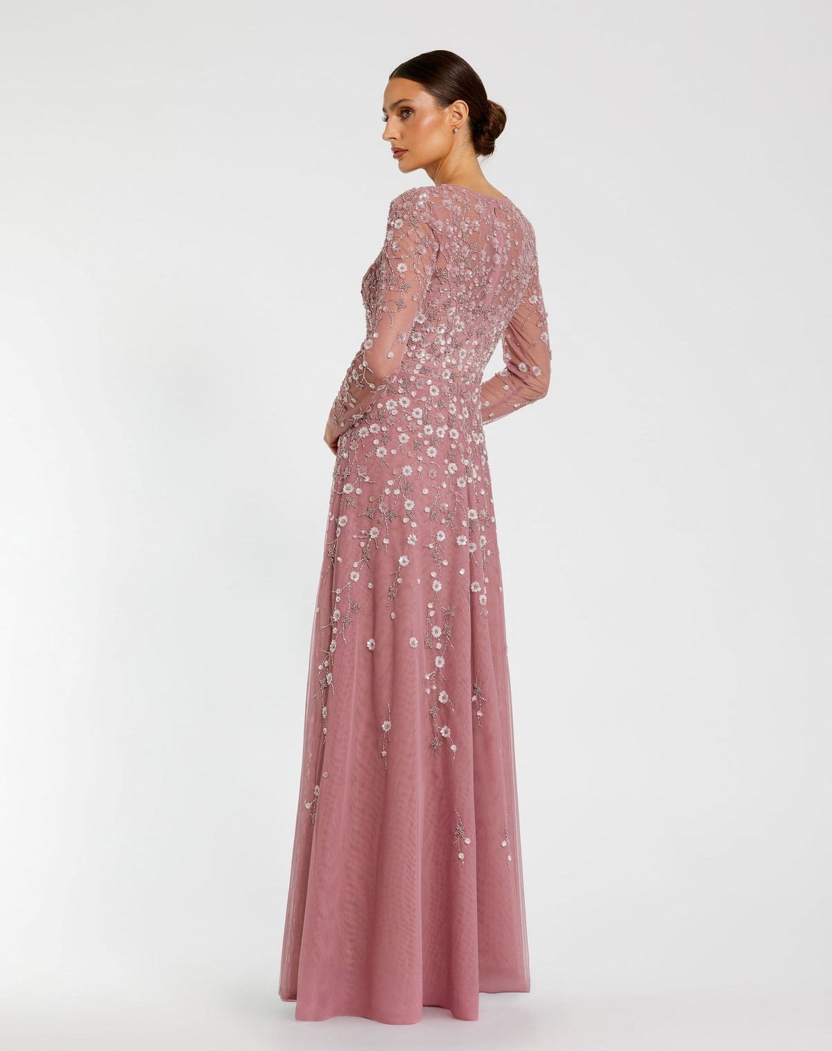 Mac Duggal Purple Embellished Wrap Over Illusion Long Sleeve A Line Gown Berry #9131 side view studio shot