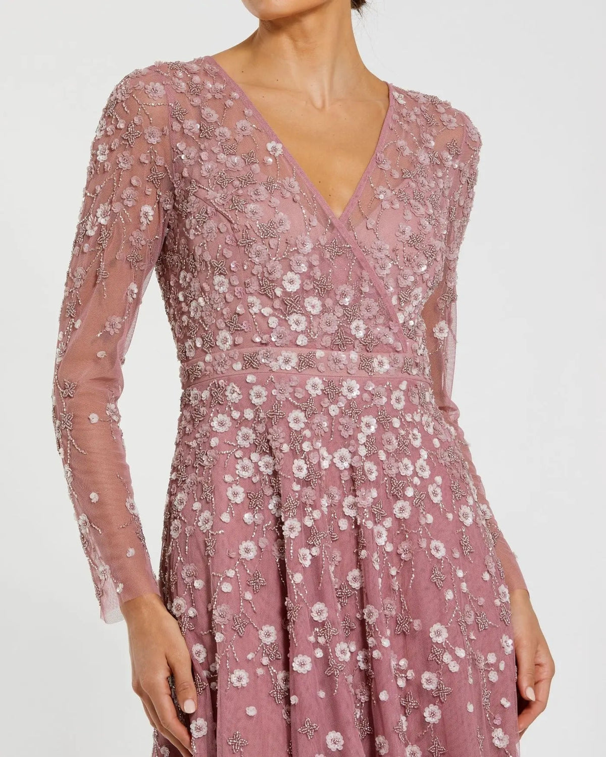 Mac Duggal Purple Embellished Wrap Over Illusion Long Sleeve A Line Gown Berry #9131 close up