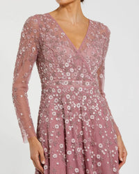 Mac Duggal Purple Embellished Wrap Over Illusion Long Sleeve A Line Gown Berry #9131 close up