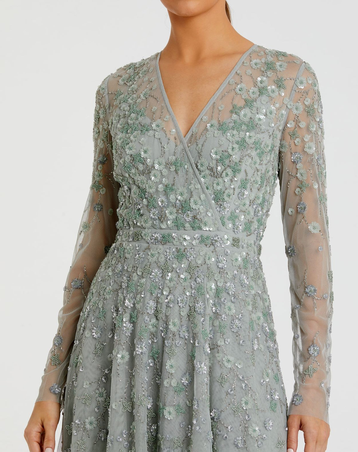 Embellished Wrap Long Sleeve A Line Gown - Sage