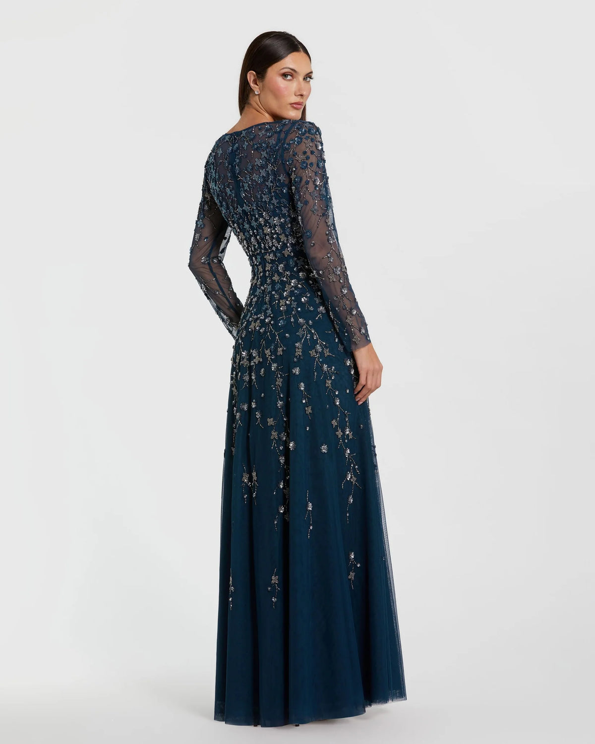Embellished Wrap Long Sleeve A Line Gown - Navy
