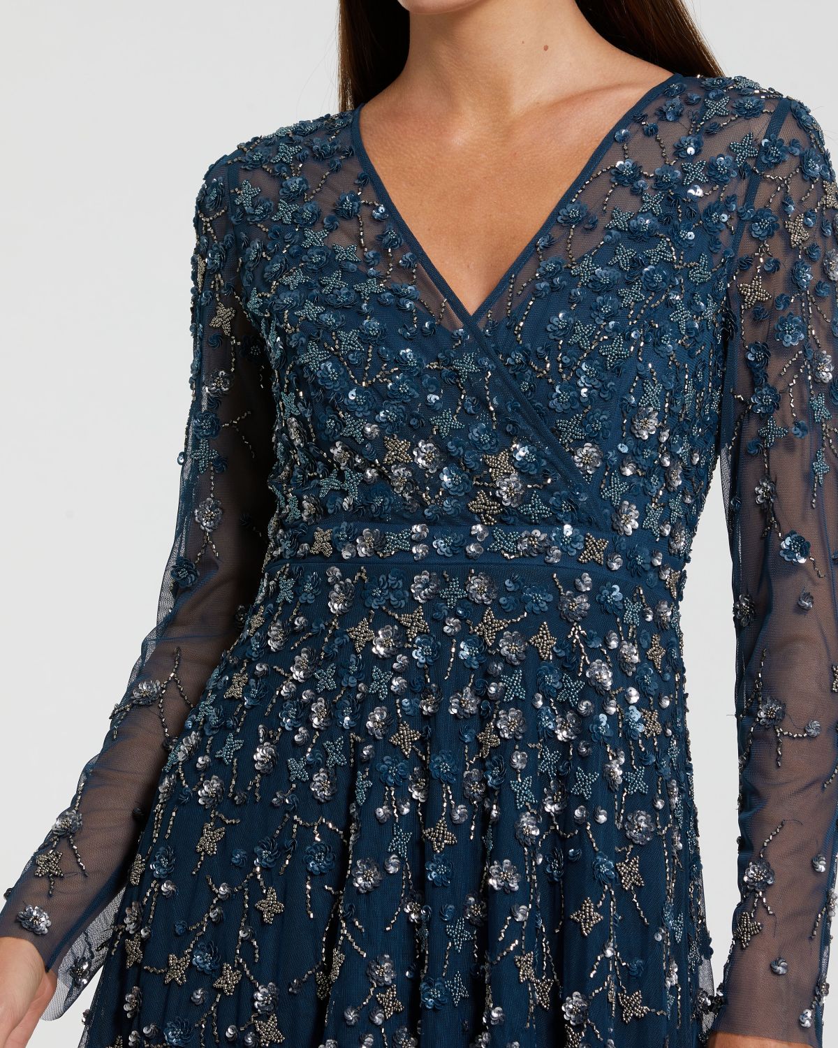 Embellished Wrap Long Sleeve A Line Gown - Navy