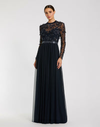Embellished Illusion High Neck Long Sleeve Gown