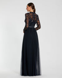 Embellished Illusion High Neck Long Sleeve Gown
