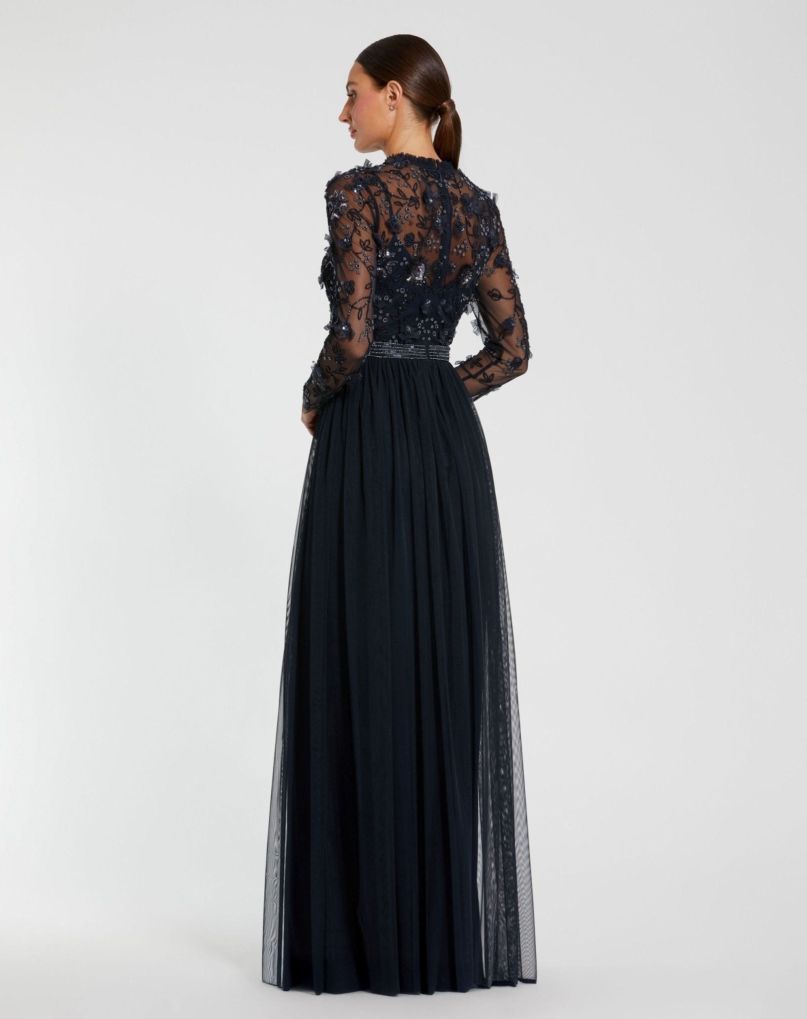Embellished Illusion High Neck Long Sleeve Gown