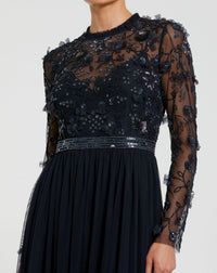 Embellished Illusion High Neck Long Sleeve Gown