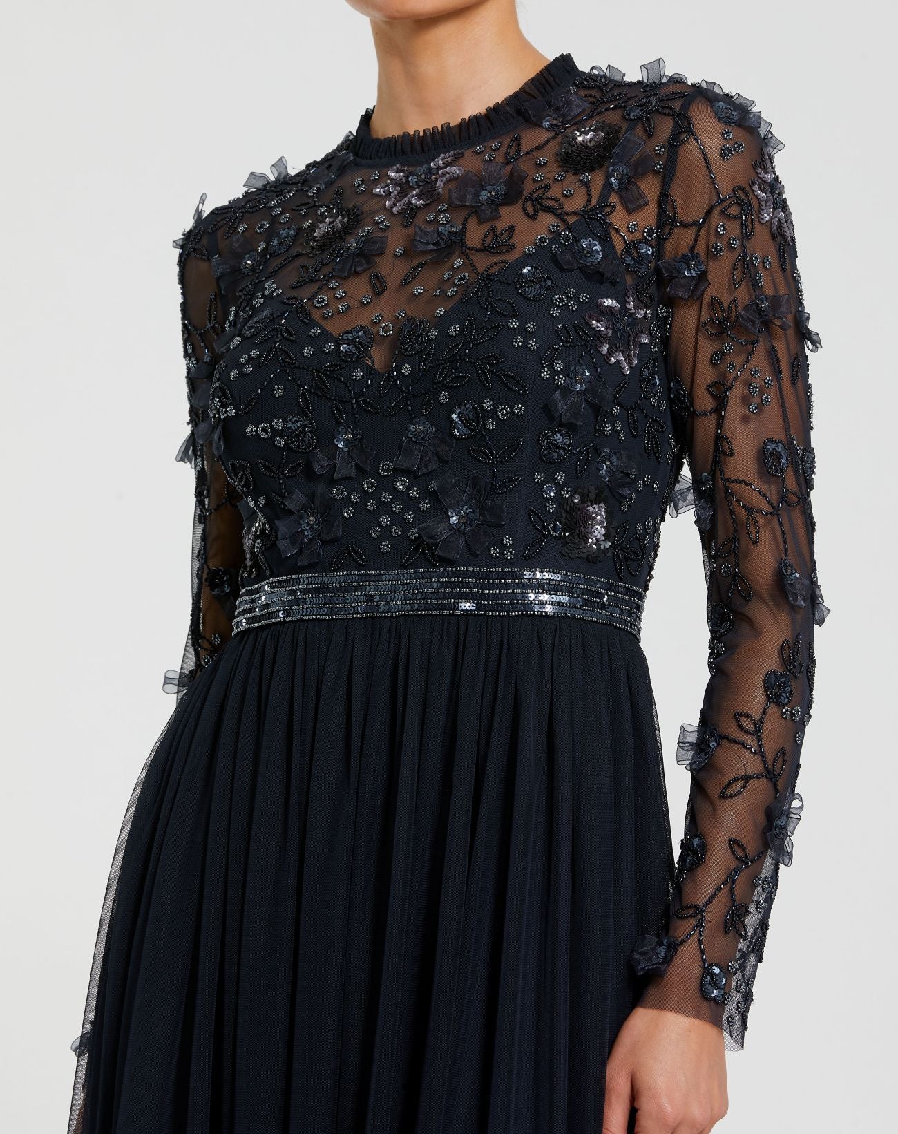 Embellished Illusion High Neck Long Sleeve Gown