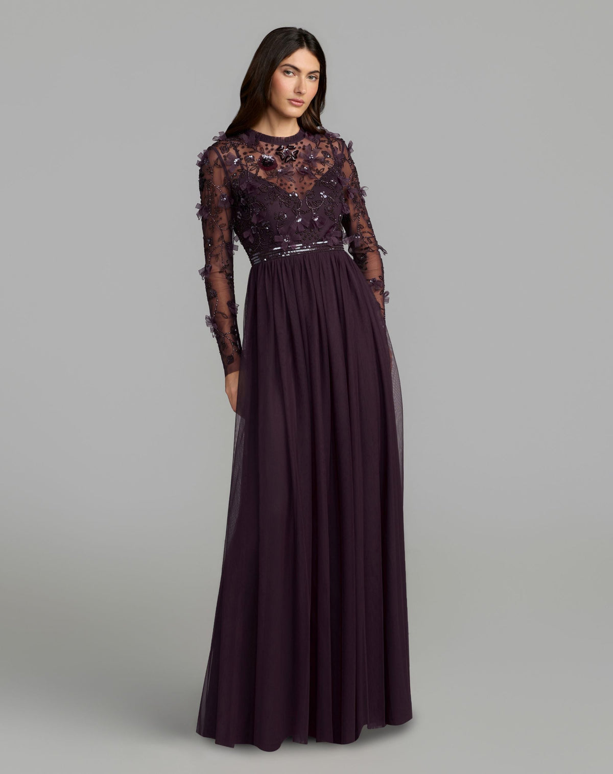 Mac Duggal #9132 plum embellished illusion high neck long sleeve gown