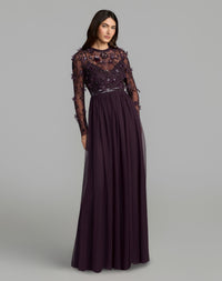 Mac Duggal #9132 plum embellished illusion high neck long sleeve gown