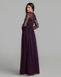 Mac Duggal #9132 plum embellished illusion high neck long sleeve gown