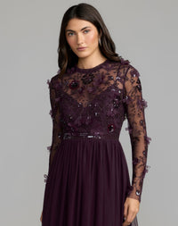 Mac Duggal #9132 plum embellished illusion high neck long sleeve gown