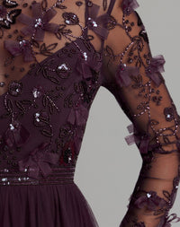 Mac Duggal #9132 plum embellished illusion high neck long sleeve gown
