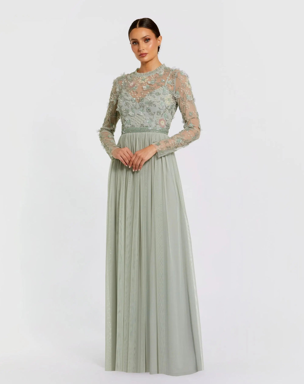 Mac Duggal #9132 sage embellished illusion high neck long sleeve gown