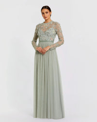 Mac Duggal #9132 sage embellished illusion high neck long sleeve gown