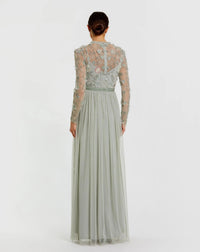 Mac Duggal #9132 sage embellished illusion high neck long sleeve gown