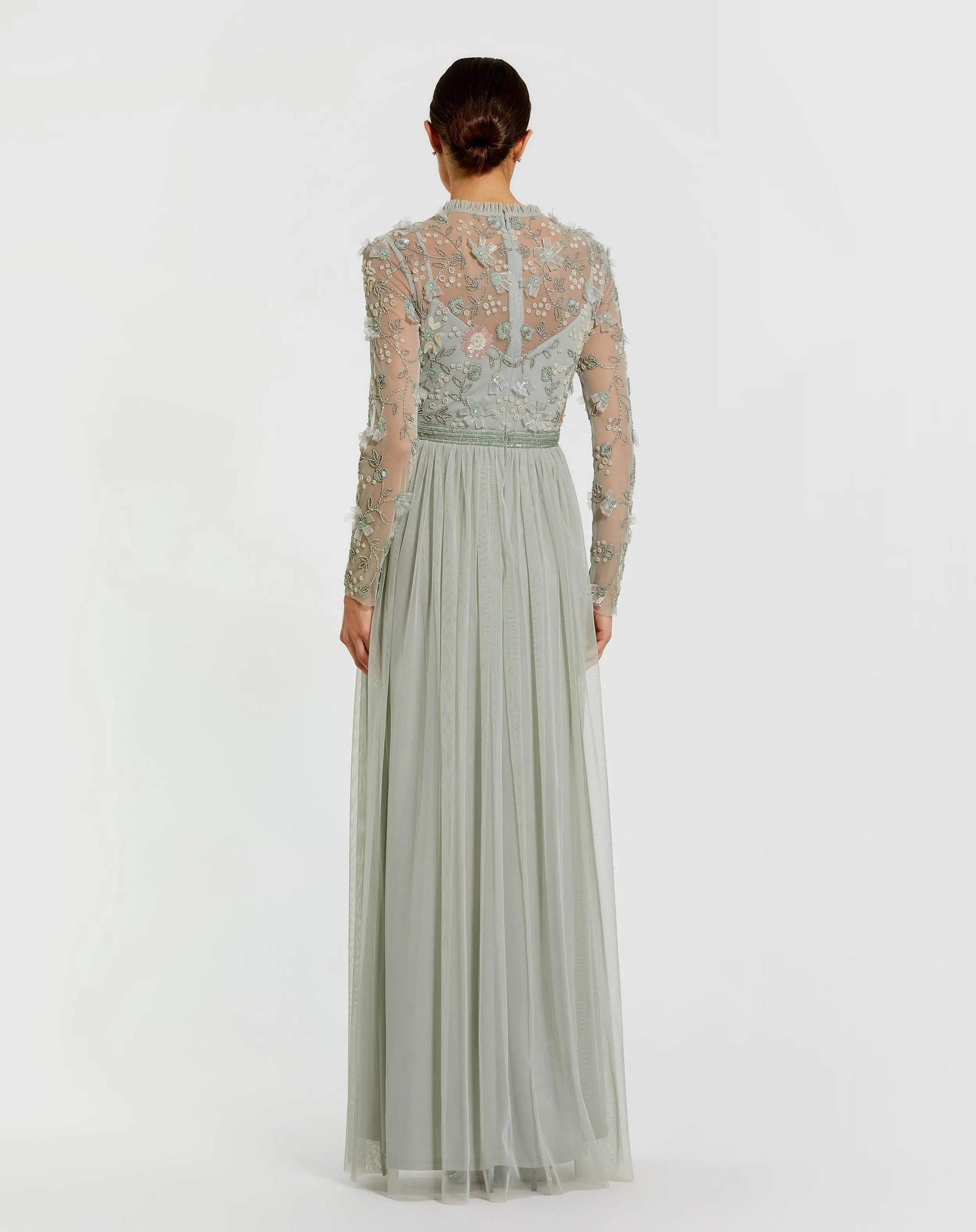 Mac Duggal #9132 sage embellished illusion high neck long sleeve gown