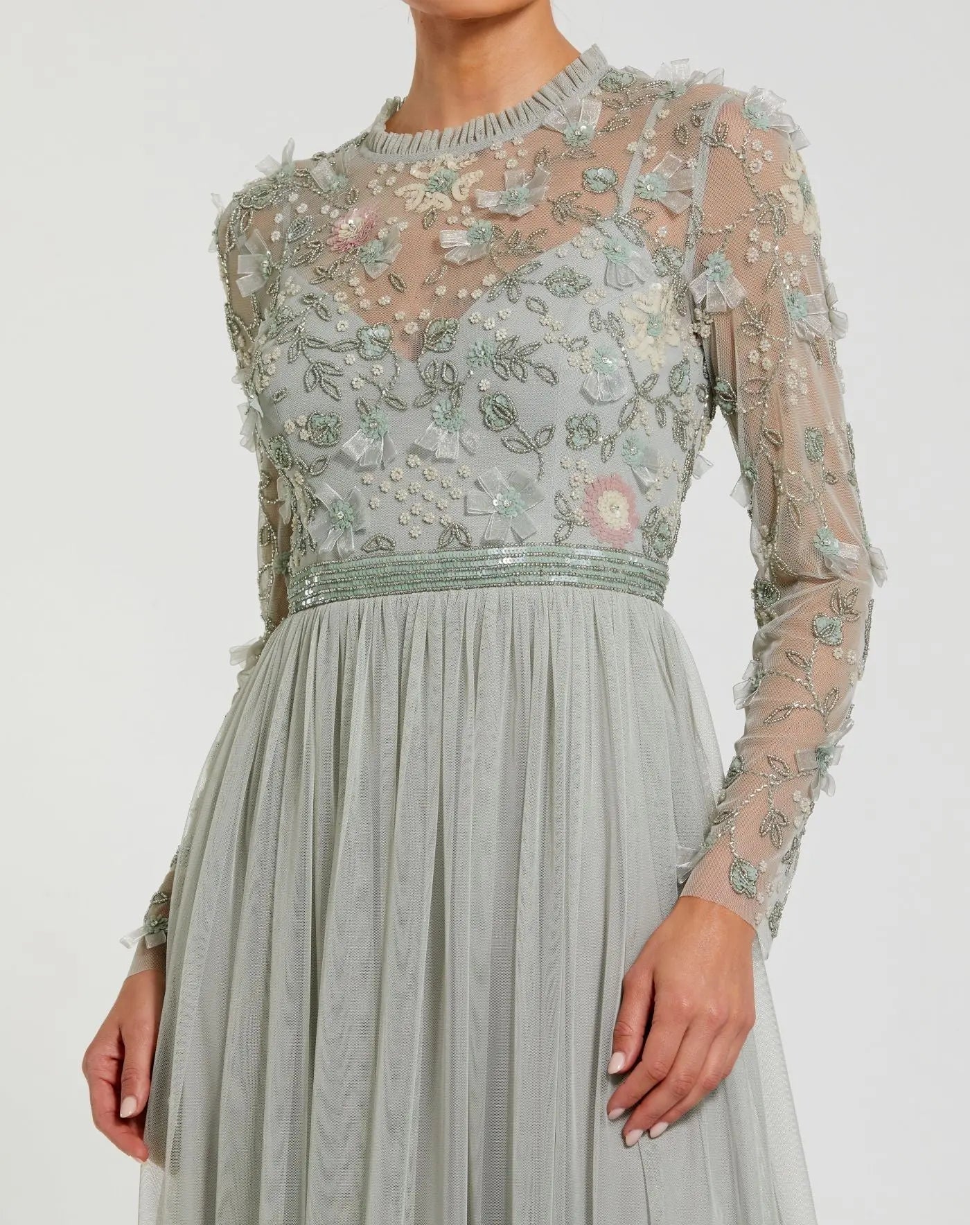 Mac Duggal #9132 sage embellished illusion high neck long sleeve gown