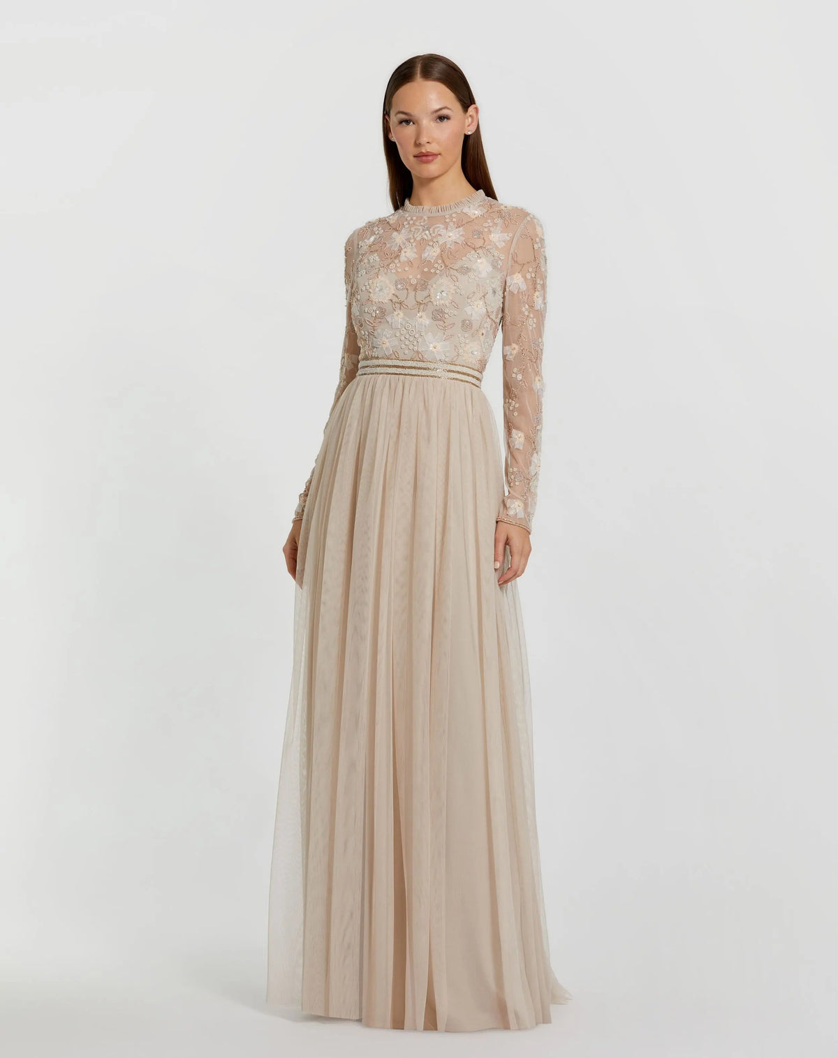 Mac Duggal #9132 vanilla embellished illusion high neck long sleeve gown