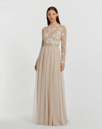 Mac Duggal #9132 vanilla embellished illusion high neck long sleeve gown