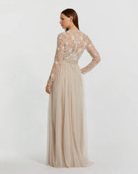 Mac Duggal #9132 vanilla embellished illusion high neck long sleeve gown