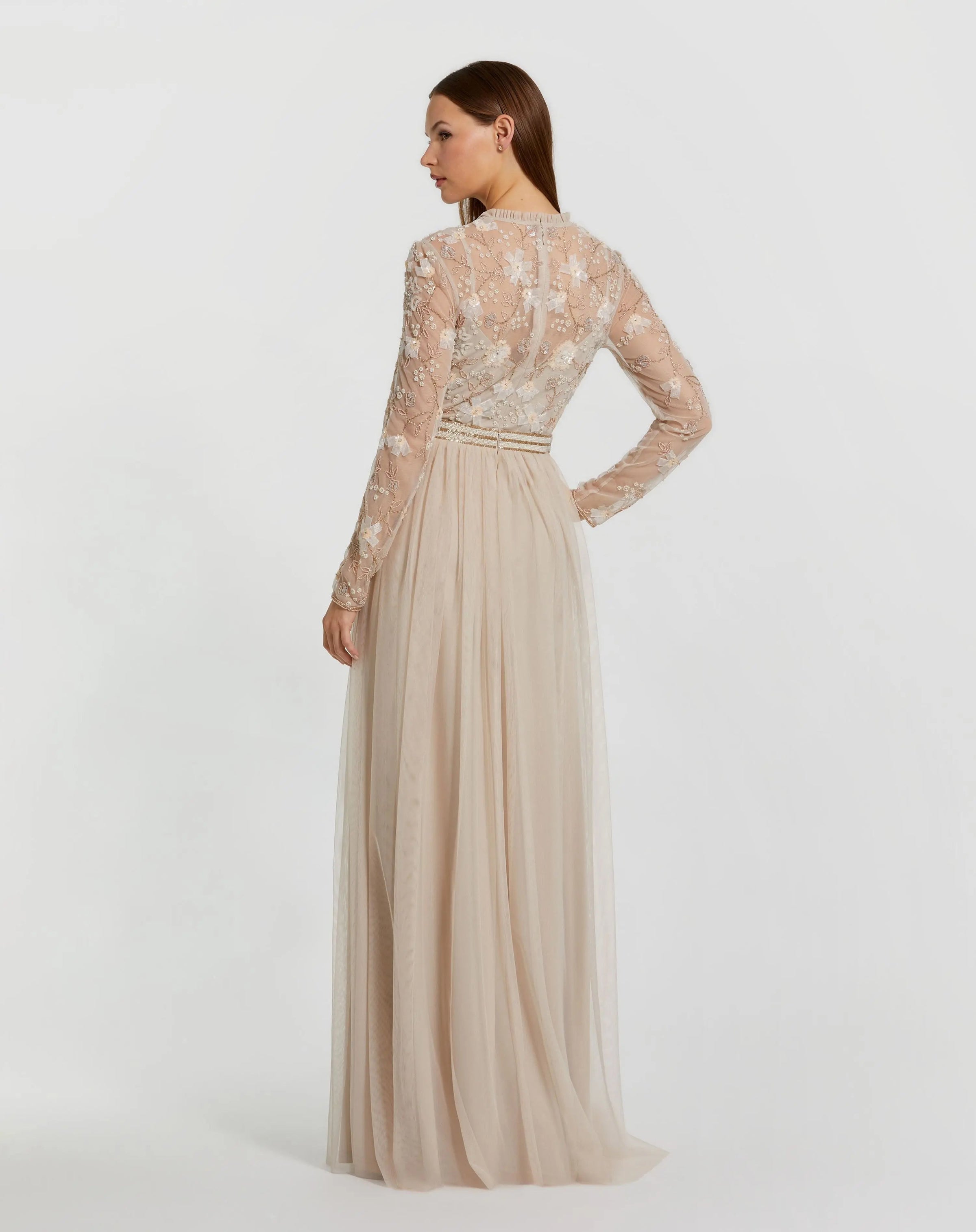 Mac Duggal #9132 vanilla embellished illusion high neck long sleeve gown