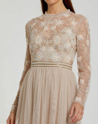 Mac Duggal #9132 vanilla embellished illusion high neck long sleeve gown