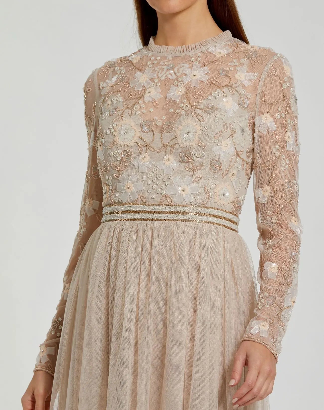 Mac Duggal #9132 vanilla embellished illusion high neck long sleeve gown