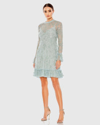 Mac Duggal 9139 Seafoam sequin long sleeve mini dress - Front