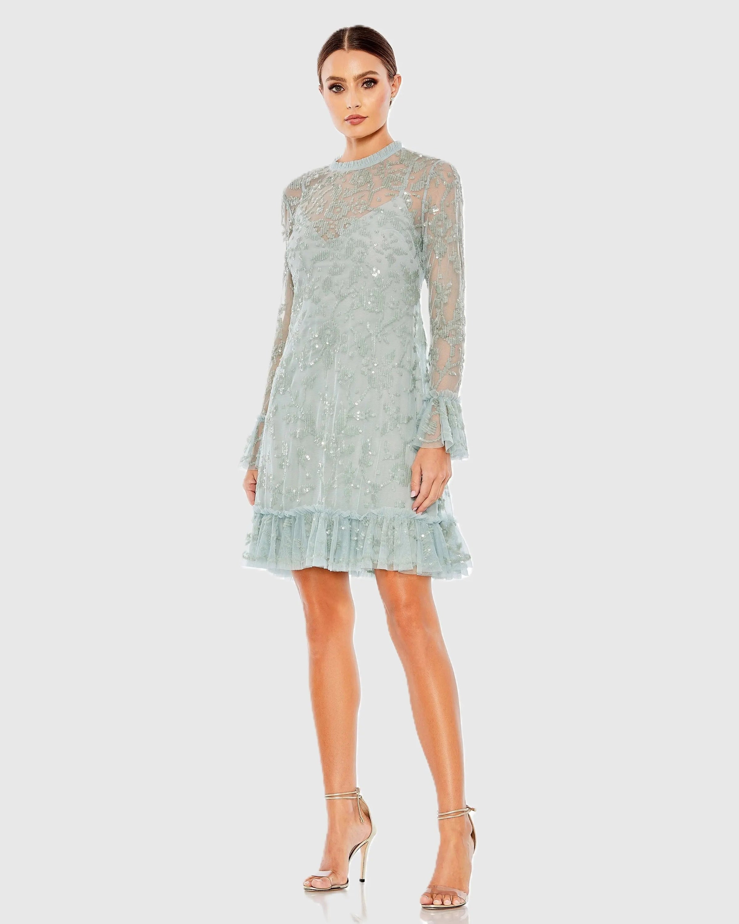 Mac Duggal 9139 Seafoam sequin long sleeve mini dress - Front