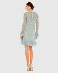 Mac Duggal 9139 Seafoam sequin long sleeve mini dress - Back view