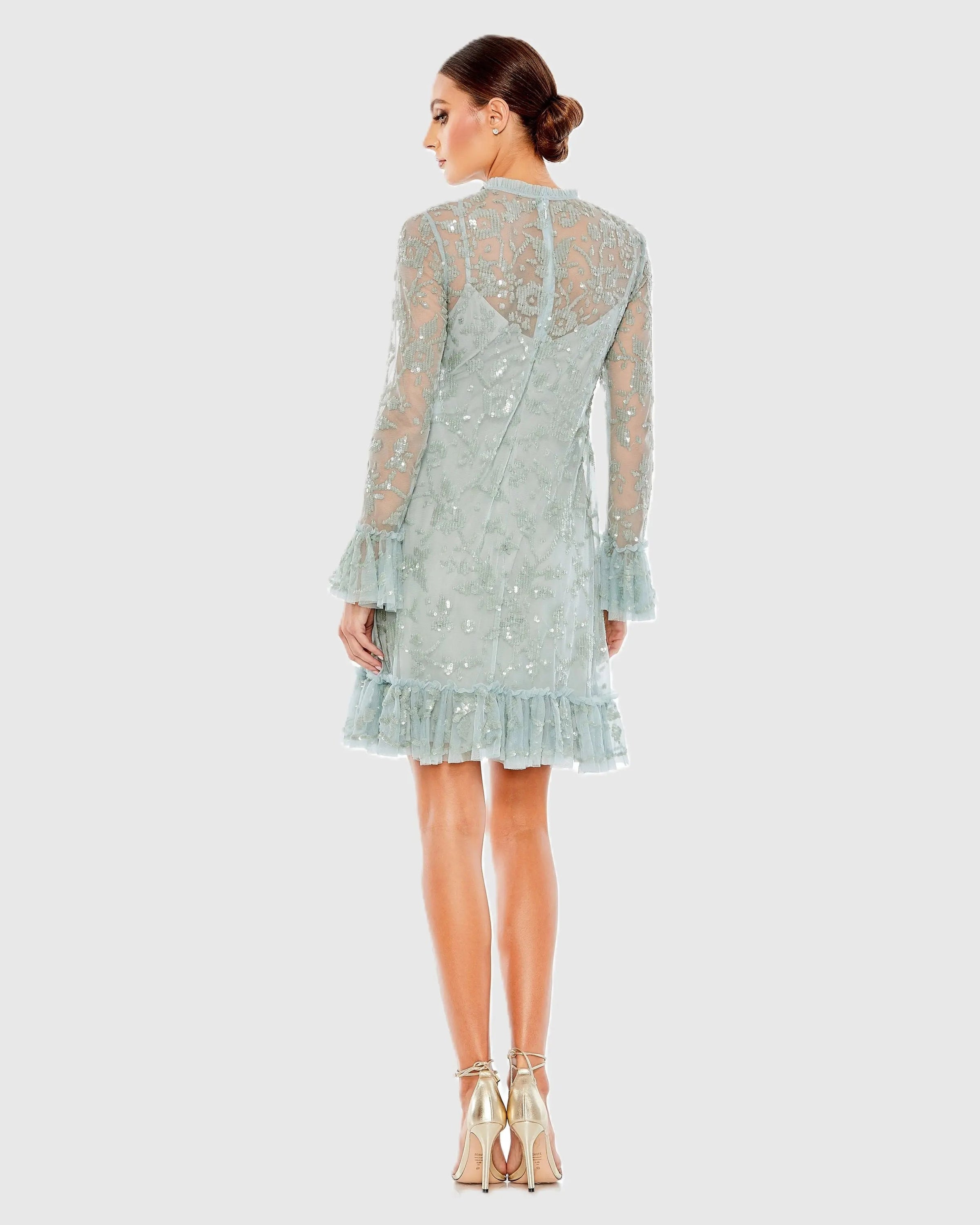 Mac Duggal 9139 Seafoam sequin long sleeve mini dress - Back view