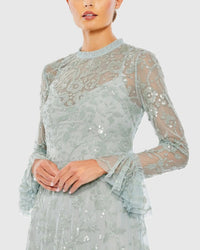 Mac Duggal 9139 Seafoam sequin long sleeve mini dress - Close up detail