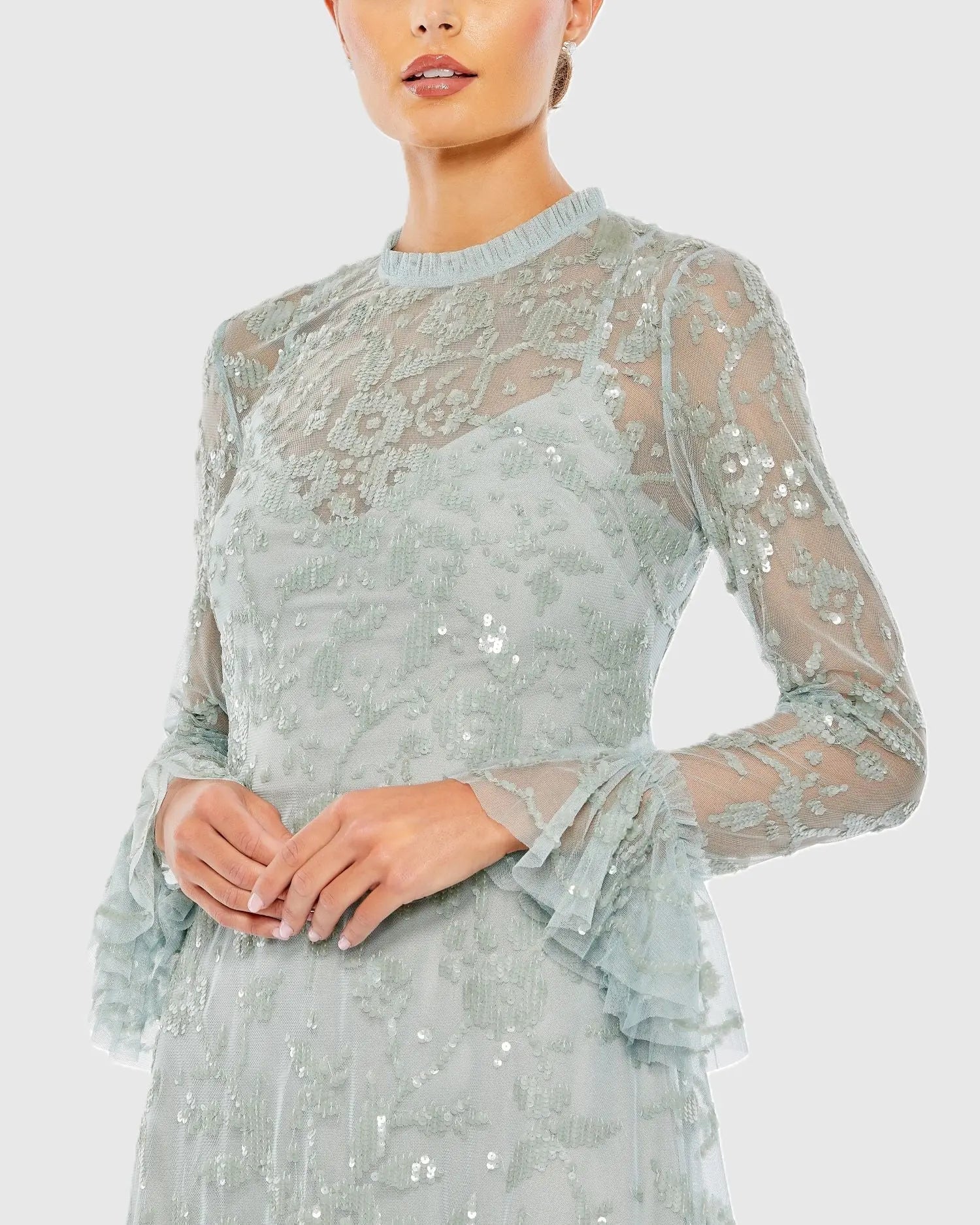 Mac Duggal 9139 Seafoam sequin long sleeve mini dress - Close up detail