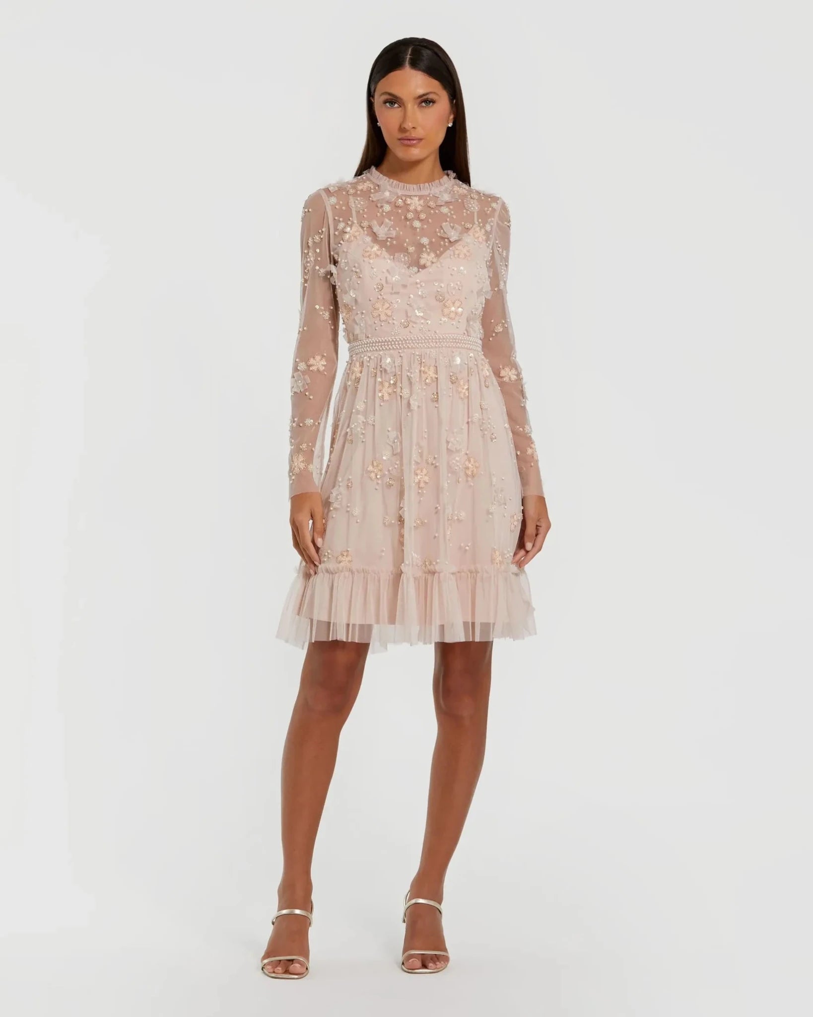 Blush Embellished Mesh Long Sleeve High Neck Mini Dress