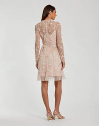 Blush Embellished Mesh Long Sleeve High Neck Mini Dress